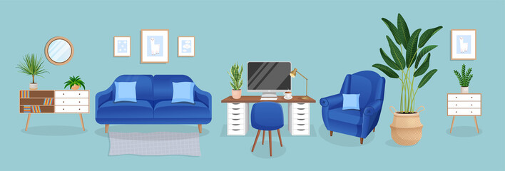 Design of a cozy room for working from home. Office with computer, workplace room, cabinet. Modern living room interior with furniture and house plants. Vector flat style illustration.