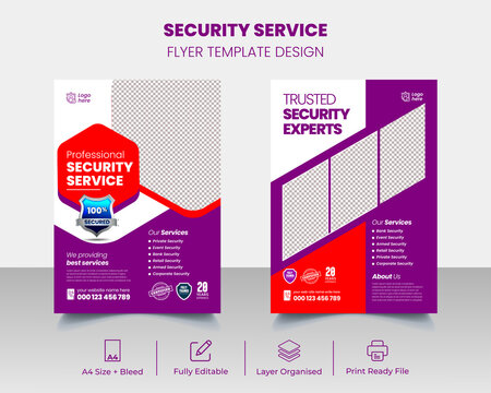 Professional Security Service Flyer or Poster Template  Purple, Red, Black, Color Design