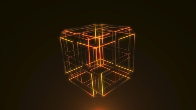 Rotating neon cybercube futuristic shape