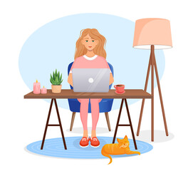 Woman sits at a table, works at home at a computer. Remote work, freelance, home office, programming, training. Cozy working interior with a cat. Vector illustration
