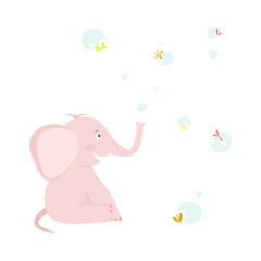 Pink funny elephant laughing while making water bubbles with the trunk. Vector illustration. Flat style