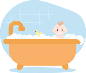 Smiling baby boy bathing in bathtub full of soap bubbles. Vector illustration. Flat style