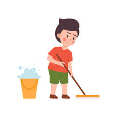 Cute little kid boy washing floor, flat vector illustration isolated on white.