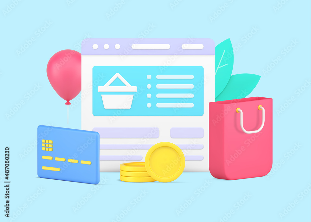 Poster internet browser computer screen with digital store website user interface 3d icon vector