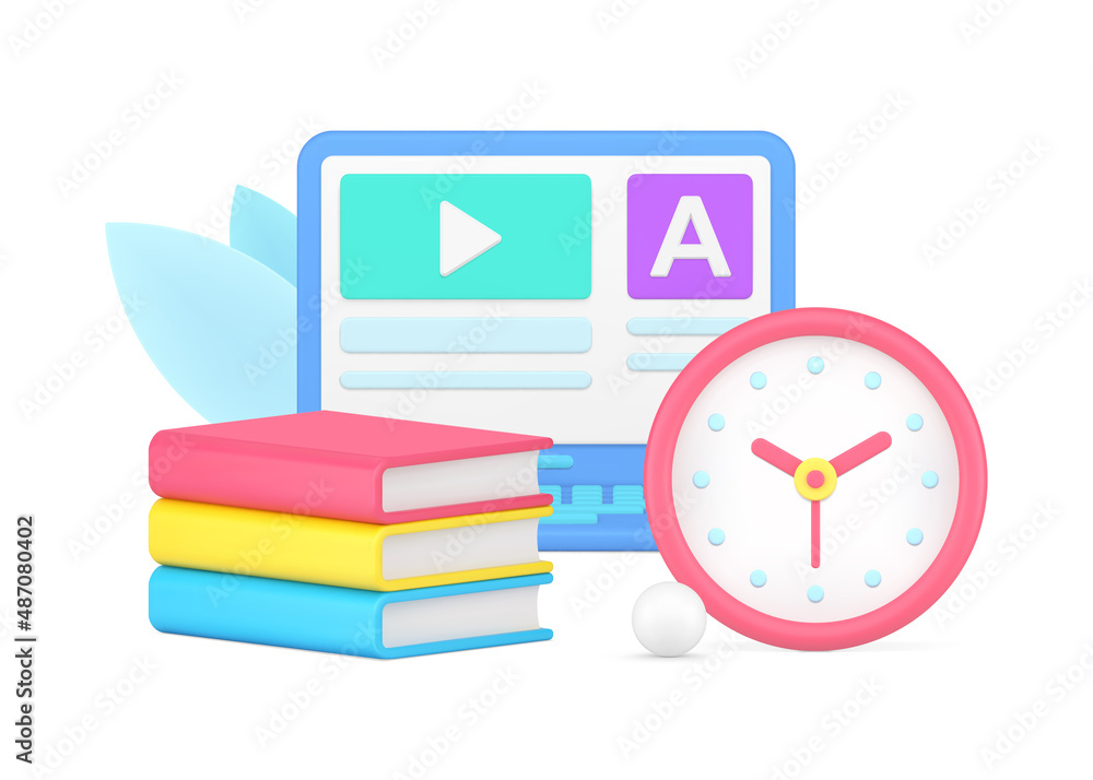 Aufkleber online education with laptop video lesson user interface and stack of textbook 3d icon vector