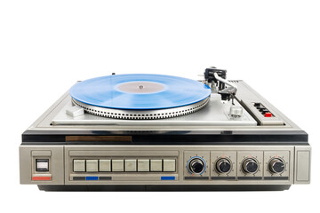 Fototapeta premium Vintage turntable record player with blue vinyl