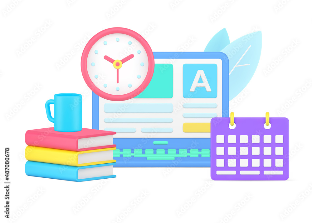 Poster internet exam laptop user interface with wall watch and schedule 3d icon isometric vector