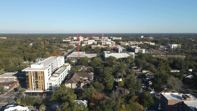 Aerial drone view over downtown Gainesville, sunny Florida, United states of America