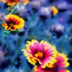 Fototapeta na wymiar Close-up painting flower in vibrant and bright colors. Colorful floral background wallpaper. Beautiful wall art print or design pattern for commercial, marketing production. 