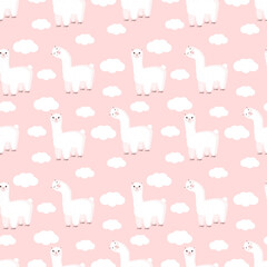 Seamless pattern with funny llama and clouds on a pink background. Vector illustration suitable for baby texture, textile, fabric, poster, greeting card, decor. Cute alpaca from Peru. © Irina Anashkevich