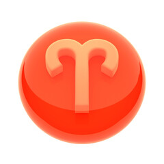 Color icon of the zodiac sign on a white background. Aries is a Fire sign, red. A white sign inside a rounded glass tablet. 3D render.