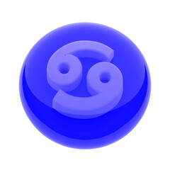 Color icon of the zodiac sign on a white background. Cancer is the sign of Water, the color blue. A white sign inside a rounded glass tablet. 3D render.