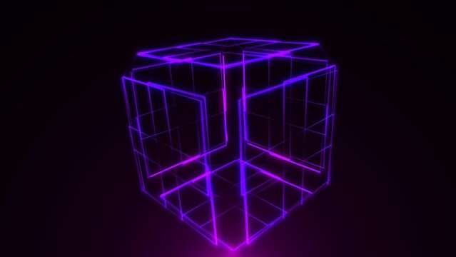 Smooth rotation of a futuristic cube made of neon lines