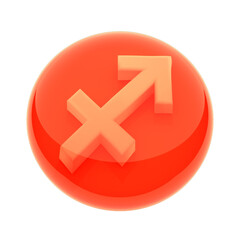 Color icon of the zodiac sign on a white background. Sagittarius is the sign of Fire, red. White sign in a rounded glass tablet. 3D render.