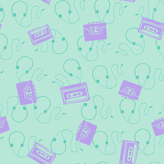 Vector retro turntable record players and vinyl records seamless repeat pattern background. Perfect for fabric, wallpaper, wrapping paper, scrapbooking projects.