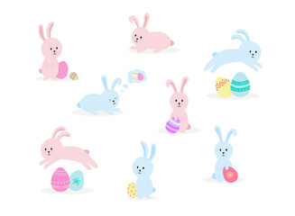Easter bunnies set of cute hand drawn pink and blue rabbits sitting, jumping and sleeping. With colourful patterned Easter eggs