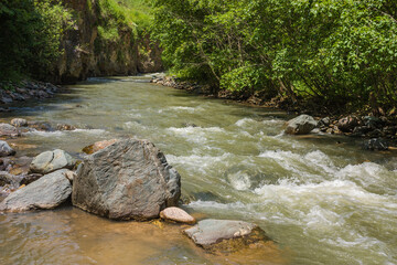The river laid its course among the Caucasus Mountains and broke through deep canyons. A mountain...