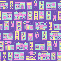 Vector 70s 80s retro cassette players, speakers, boombox, and headphones seamless repeat pattern background. Perfect for fabric, wallpaper, wrapping paper, scrapbooking projects.