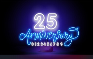 25th anniversary Celebration neon sign on a dark background. Template for invitation or greeting card.