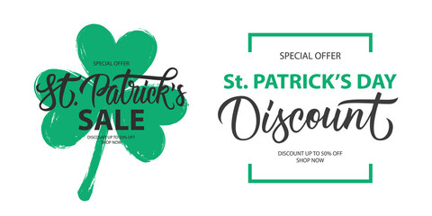 St. Patrick's Day Sale promotional labels. Patricks Day Sales templates with hand lettering and shamrock for holiday shopping, promotion and advertising. Vector illustration.