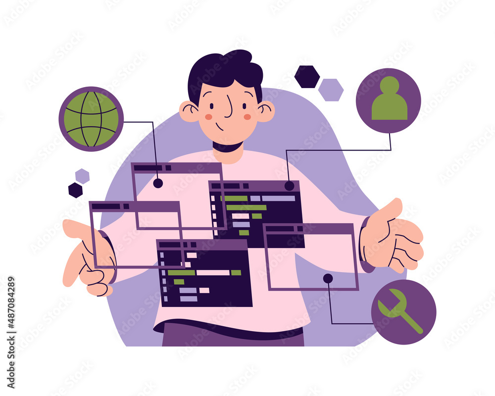 Leinwandbilder Software development work process, programmer with scripts and language for coding. Vector tools and instruments for application improvement, testing and making new network in internet cartoon