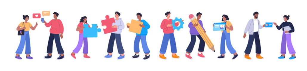 Different young people works together chatting, creating design, making presentation 