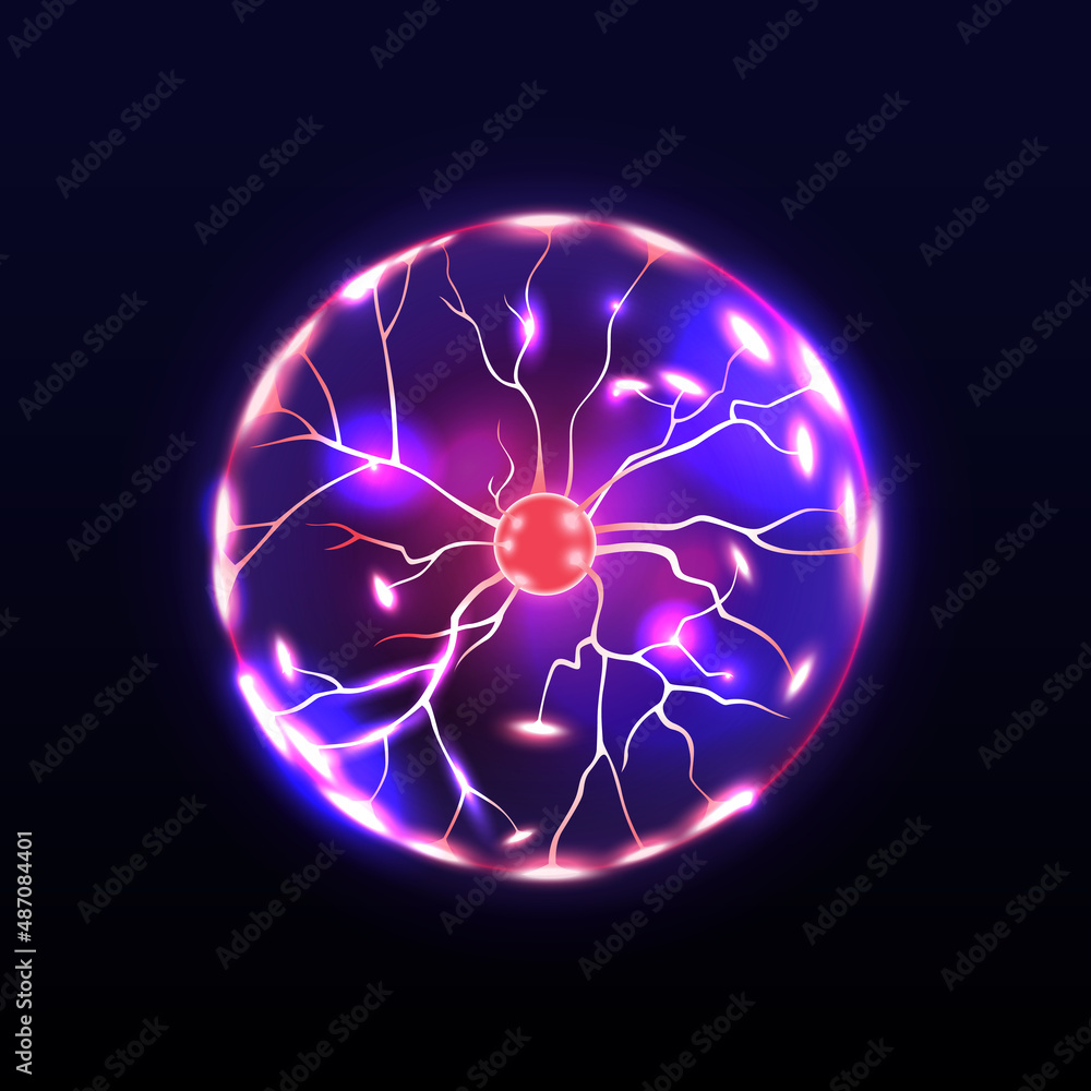 Poster Neon sphere with core, isolated energy ball with electric lines and element connection. Vector outer space futuristic design, laser glowing in circular object. Cartoon plasma and flash effect