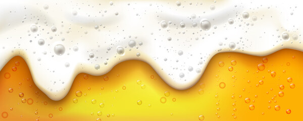 Menu banner or advertisement for pub or bar. Vector beer white foam with bubbles, splashes and drops with soft texture. Amber light alcoholic beverage, drinks and refreshments, craft brewery