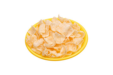 potato chips on yellow plate isolated on white background
