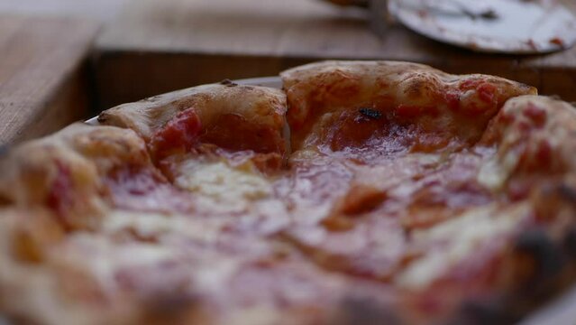 Extreme close up of brick oven pizza delicious