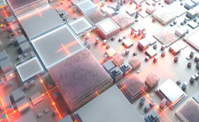 Electronic circuit board close up, computer chip, mother board with neon lights, 3D rendering illustration