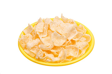 potato chips on yellow plate isolated on white background. side view