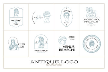 Fototapeta na wymiar Antique Greek classic statues vector logo set. Modern tattoo and logotip.