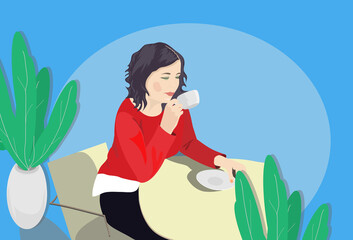 girl at the table drinking coffee or tea, near the green leaves of flowerpots