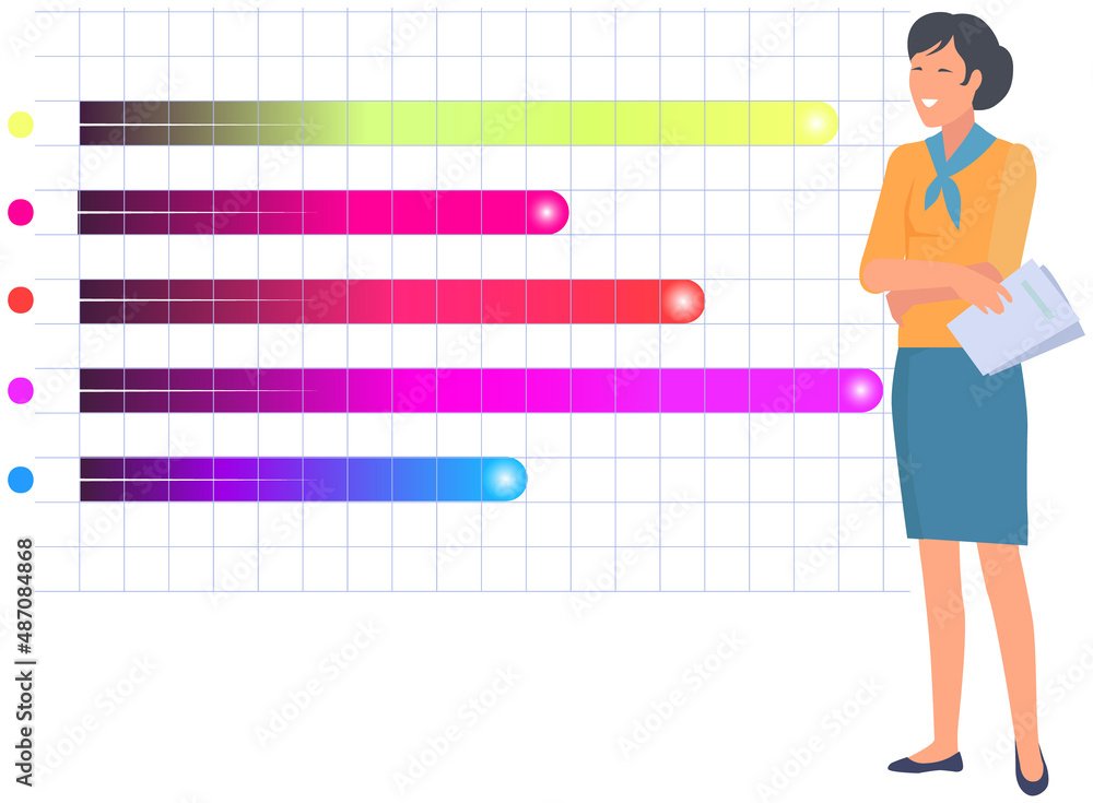 Aufkleber woman studies statistics on presentation. female character while working or studying with report. gi