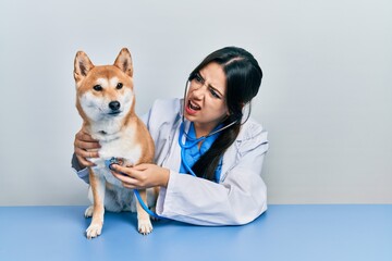 Beautiful hispanic veterinarian woman checking dog health angry and mad screaming frustrated and...