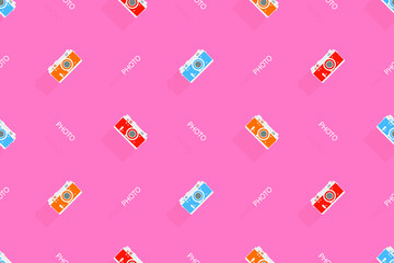 Seamless pattern from old drawn cameras. Background on the theme of photography and photographic equipment.