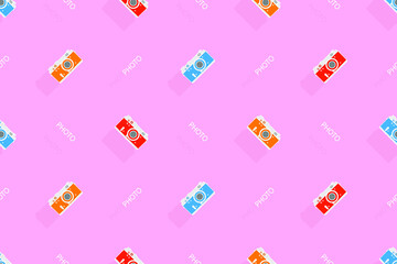 Seamless pattern from old drawn cameras. Background on the theme of photography and photographic equipment.