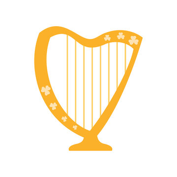 Harp with shamrock ornament. Saint Patricks Day holiday element. Festive harp isolated on white background. Vector flat illustration