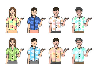 案内する沖縄のかりゆしウェアを着た男女