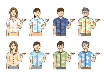 案内する沖縄のかりゆしウェアを着た男女