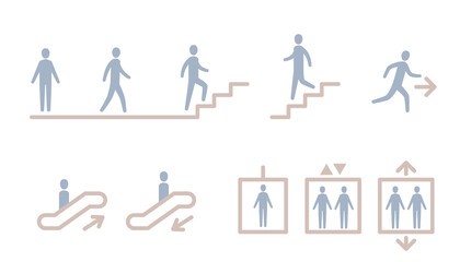 Human movement icon. Vector illustration set of up and down stairs, escalators, elevators.
