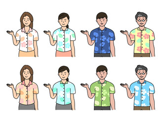 案内する沖縄のかりゆしウェアを着た男女