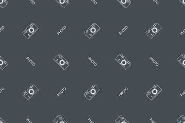Seamless pattern from old drawn cameras. Background on the theme of photography and photographic equipment.