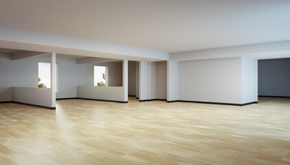 Interior design 3D rendering of modern office or apartment. Wooden parquet floor empty room and white wall with black skirting board.