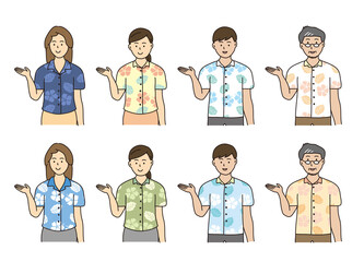 案内する沖縄のかりゆしウェアを着た男女