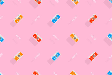 Seamless pattern from old drawn cameras. Background on the theme of photography and photographic equipment.