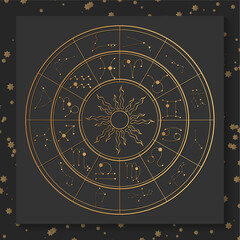 Gold Zodiac wheel on dark square background. Astrological constellation wheel, zodiac horoscope signs, mystical natal chart, wheel sky zodiac map. Vector illustration