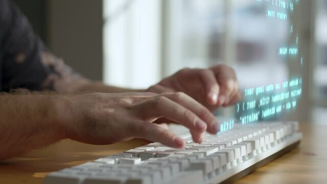 Anonymous Coder Man Programer Working Online in Virtual Space Close up. Augmented Reality Concept. Writing Project of Information. Hack Innovation Business. Antivirus Protect at Criminal Cyber Attack