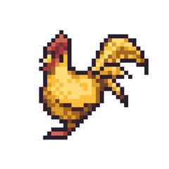Fototapeta premium Standing rooster pixel art icon. Chicken, farm bird. Country character logo. Game development, mobile app. 8-bit sprite. Isolated vector illustration